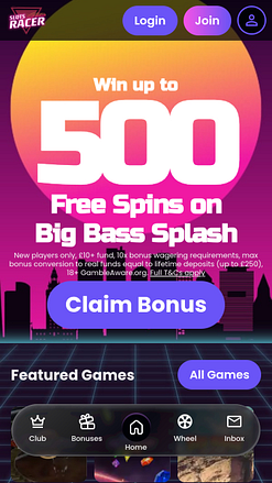 Slots Racer Casino Mobile Homepage
