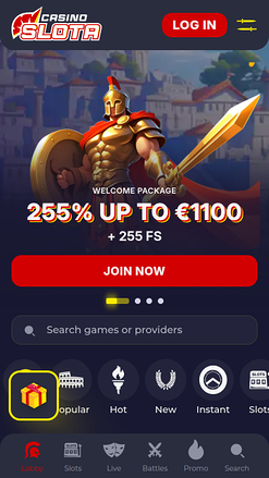 Page d'accueil mobile de Slota Casino