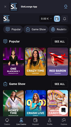 Casino mobile SlotLounge avec croupier en direct