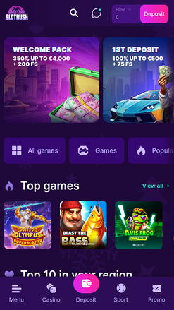 Page d'accueil mobile du casino SlotRush