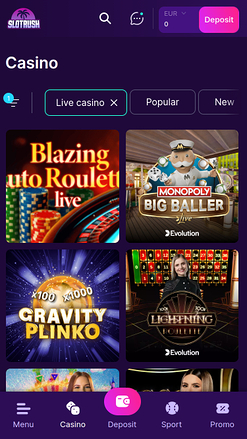Casino mobile SlotRush avec croupier en direct