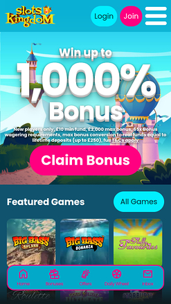 Página de inicio móvil de Slots Kingdom Casino