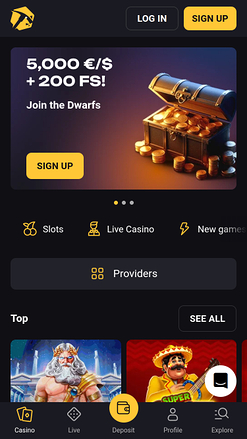 Page d’accueil mobile de Slotsmines Casino