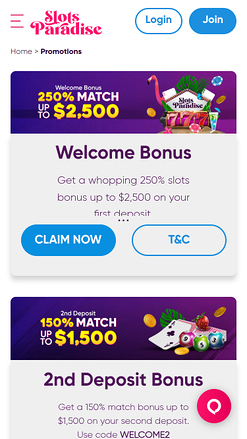 Promotions mobiles de Slots Paradise Casino