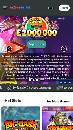 Page d'accueil mobile de Slots Rush Casino