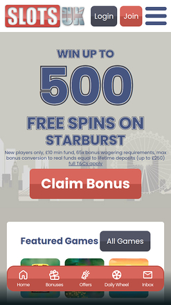 Page d'accueil mobile de SlotsUK Casino