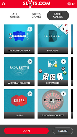 Giochi da tavolo mobile di Slots.com Casino