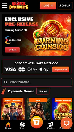 Capture d'écran mobile de la page d'accueil du casino SlotsDynamite