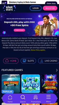 SlotStars Casino mobile Startseite