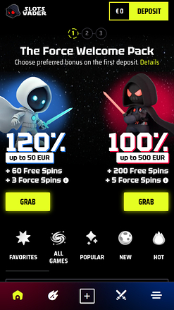 Page d'accueil mobile du casino SlotsVader