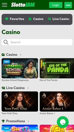 Page d'accueil mobile de SlottoJam Casino