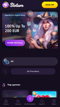 Мобильная домашняя страница Slotum Casino