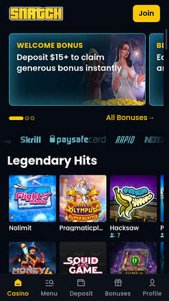 Snatch Casino Mobile Homepage