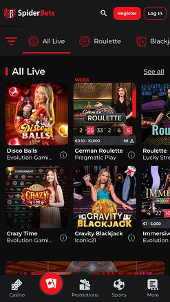 SpiderBets Casino Mobile Live Dealer