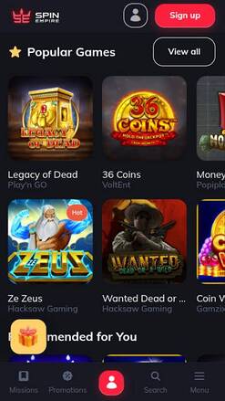 Schermata mobile della pagina dei giochi di SpinEmpire Casino