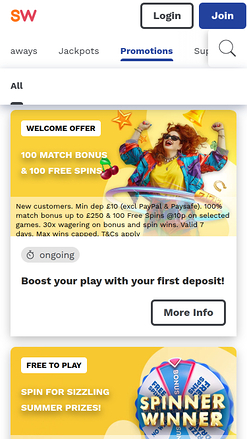 Promotions mobiles de Spin and Win Casino