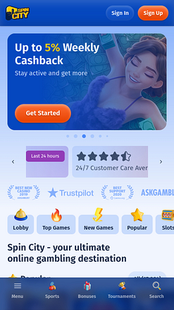 Spin City Casino Mobile Homepage