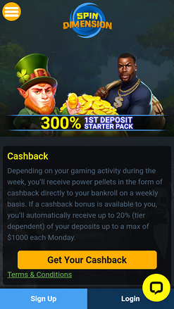 Cashback mobile de Spin Dimension Casino
