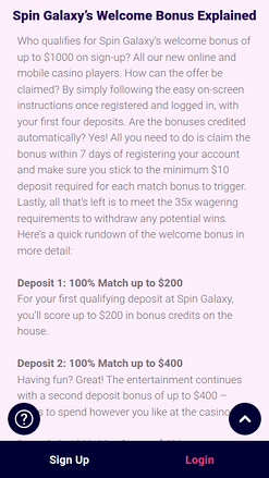 Promozioni mobile di Spin Galaxy Casino