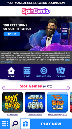 Spingenie Casino Mobile Homepage
