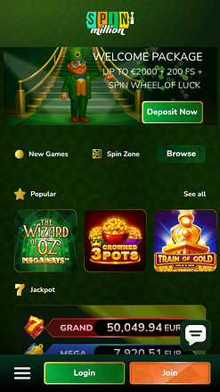 Página inicial do Spin Million Casino para dispositivos móveis