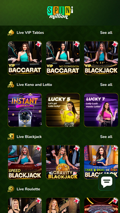 Casino móvil Spin Million con crupier en vivo