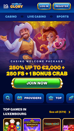 Page d'accueil mobile du casino Spin Of Glory