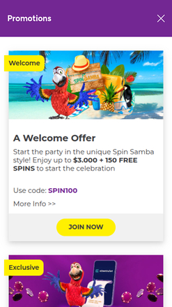 Promotions mobiles de Spin Samba Casino