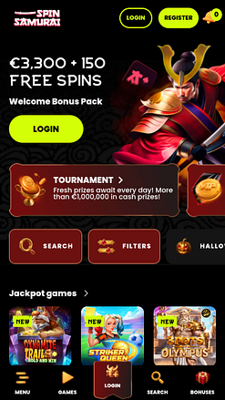 Page d'accueil mobile du casino Spin Samurai