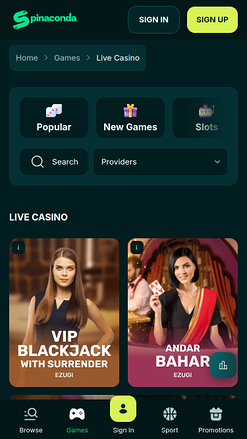 Spinaconda Casino Live Dealer Mobile