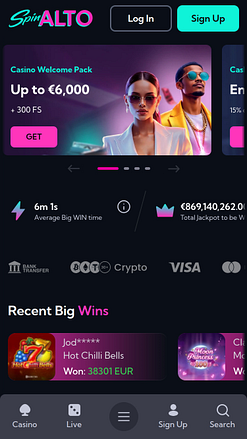 Page d'accueil mobile du casino Spinalto