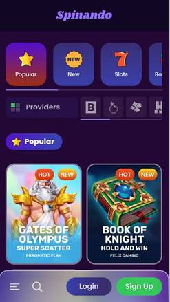 Screenshot della pagina dei giochi per dispositivi mobili di Spinando Casino