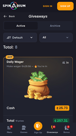 Sorteos móviles de Spinarium Casino