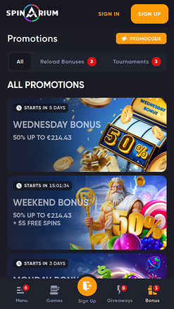 Promociones móviles de Spinarium Casino