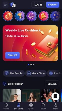 Pagina mobile del dealer dal vivo SpinAura Casino