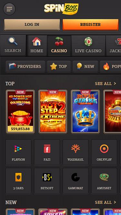 Скриншот мобильной страницы игр казино Spinboss