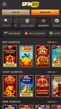 Скриншот мобильной страницы Jackpot в казино Spinboss