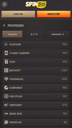 Скриншот мобильной страницы Spinboss Casino от провайдера