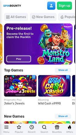 Page d'accueil mobile du casino SpinBounty