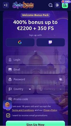 Pagina iniziale mobile di SpinDjinn Casino