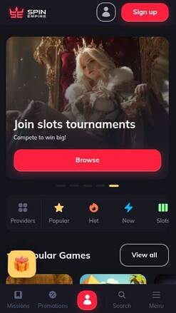 Schermata della homepage mobile di SpinEmpire Casino