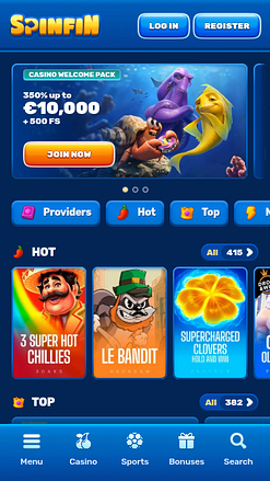 Spinfin Casino Mobile Homepage