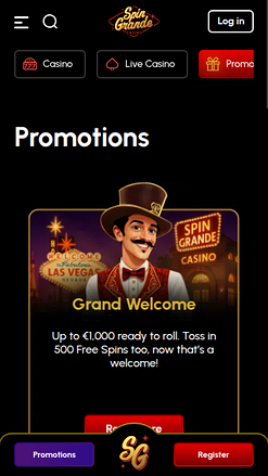 Screenshot der Werbeaktionen von Spingrande Casino für Mobilgeräte
