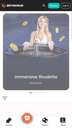 Spininio Casino live dealer mobile page