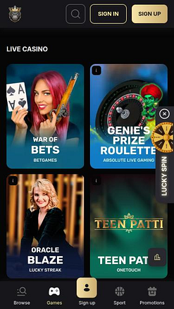 SpinKong Casino live dealer mobile page
