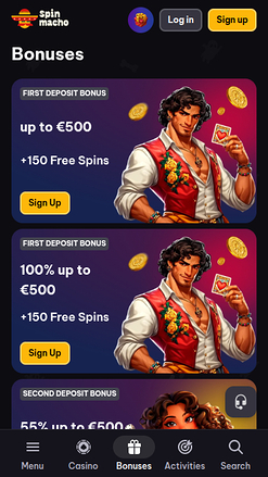 Capture d'écran des promotions du casino Spinmacho pour mobile