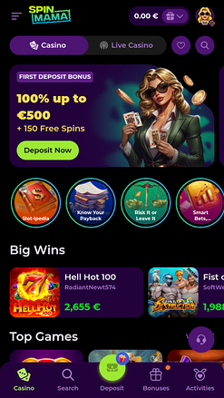 Page d'accueil mobile du casino Spinmama