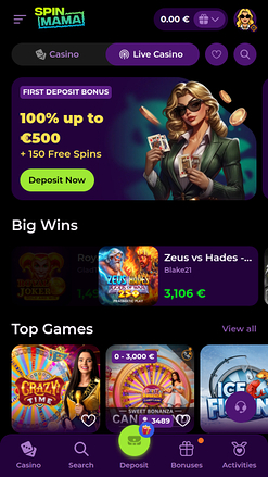 Casino mobile Spinmama avec croupier en direct