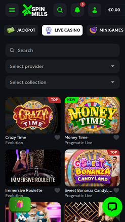 Casino Spinmills Mobile avec croupier en direct