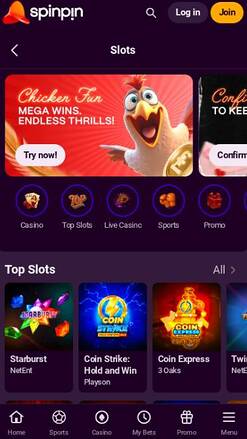 Games mobile page screenshot of SpinPin Casino